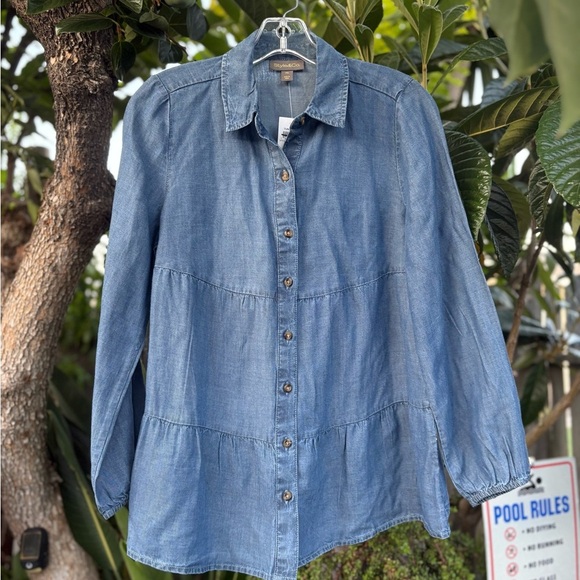 Style & Co. Women's Chambray Tiered Button Down Shirt - Picture 2 of 9